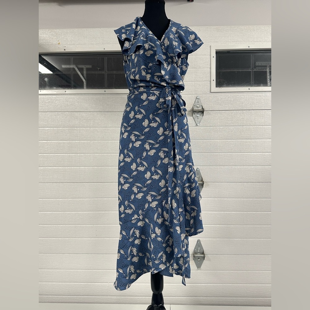 Blue and White Floral Pattern Wrap Dress, Wedding Guest, Special Occasion, Midi